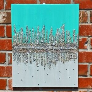 16 x 20 Teal & white with crushed glass and rose gold glitter canvas paintin